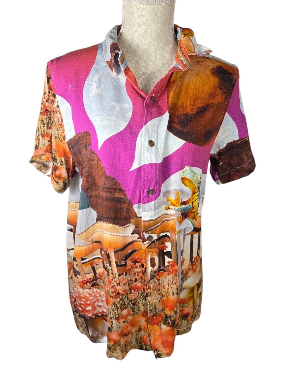 Zumiez Dravus Wilder Shirt Men Small NEW Pink/Brown -Frogs/Mushrooms Button Down